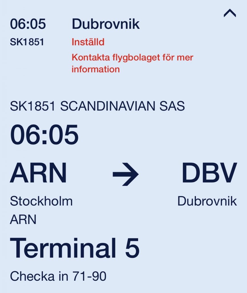 Inställt och ombokat flyg med SAS