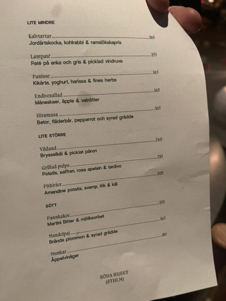 Menyn på restaurang Röda Huset