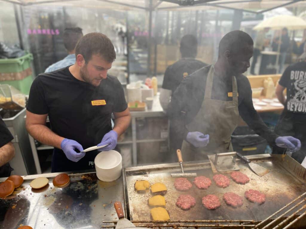 Smasched burgers in the making